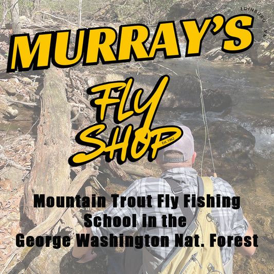 Shown is a banner with yellow and black writing for Learn to fly fish in the Murray's Fly Shop Mountain Trout Schools in the George Washington National Forest of Virginia