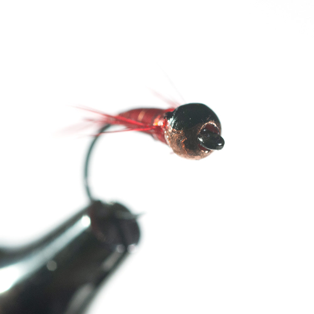 Perdigon Nymph, Red in a vise being used to demonstrate one of the nymphs discussed in a fly fishing class called "The Fine Points of Nymph Fishing"