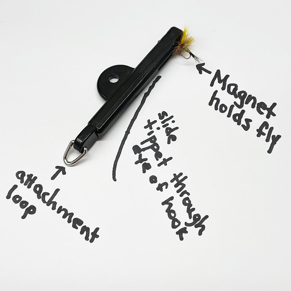 Small Fly and Hook threader with description of lanyard attachment, magnet to hold the fly and a diagram of where to slide the tippet material through