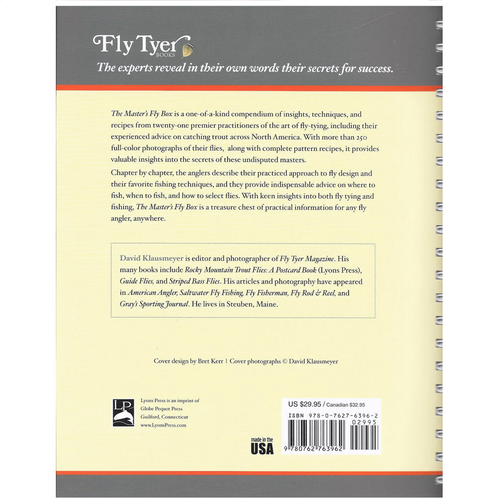 Shown is the back cover of David Klausmeyer Book Fly Tyer The Masters Fly Box