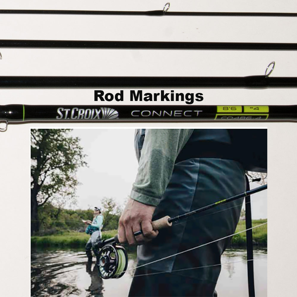 two anglers holding a St Croix Connect Fly rod and an image of the rod markings saying St Croix Connect