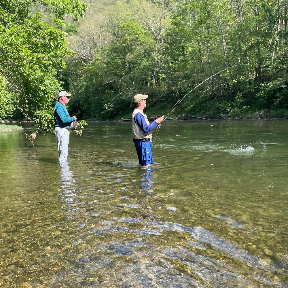 Smallmouth Bass Fly Fishing on the Shenandoah River class showing two anglers standing in a clear river with one of them holding a fly rod and fighting a fish 