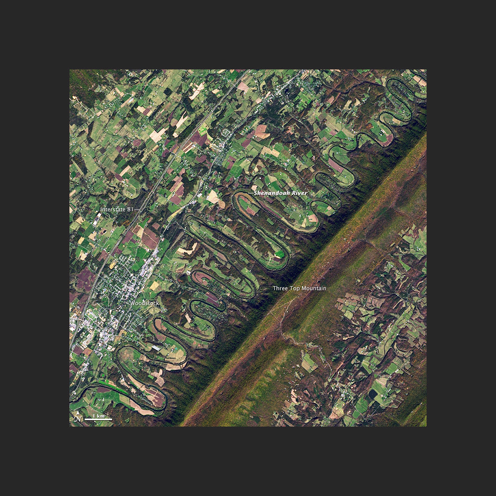 Pictured is a map of the North Fork of the Shenandoah River from Woodstock, VA north.  The map show an aerial photo of the river and surrounding area