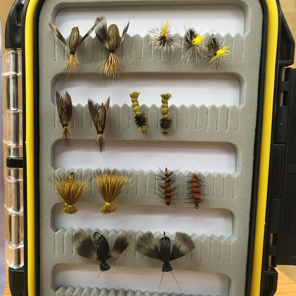 1449 Double Sided Waterproof Fly Box closeup view of flies in slit foam waterproof fly box